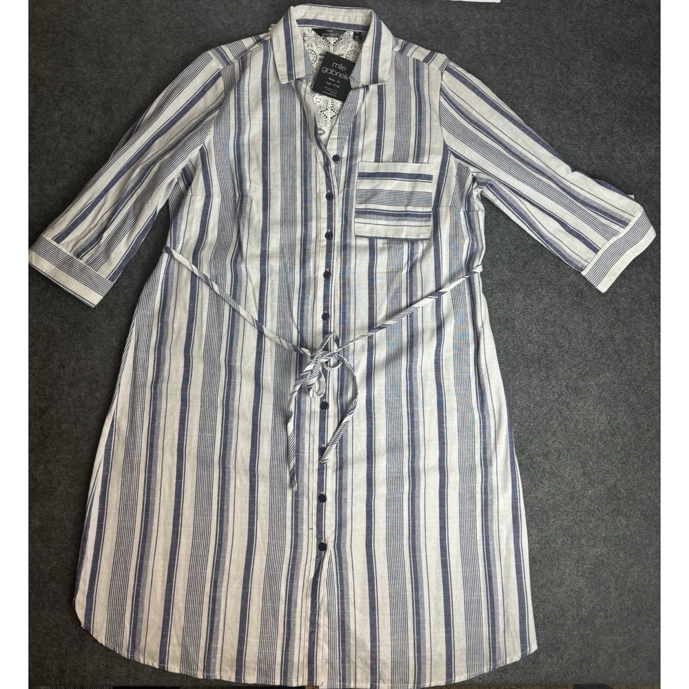 Mille Gabrielle Striped Shirt Dress 1X Blue White Tie Waist Lace Back NWT 1X A4